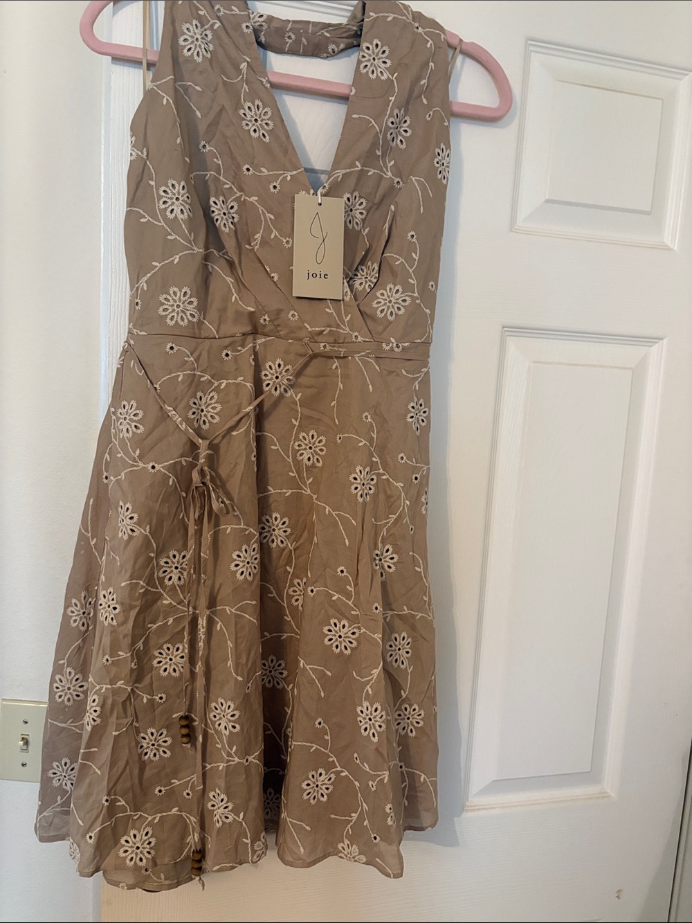 Joie Beige Floral Embroidered V-Neck Midi Dress